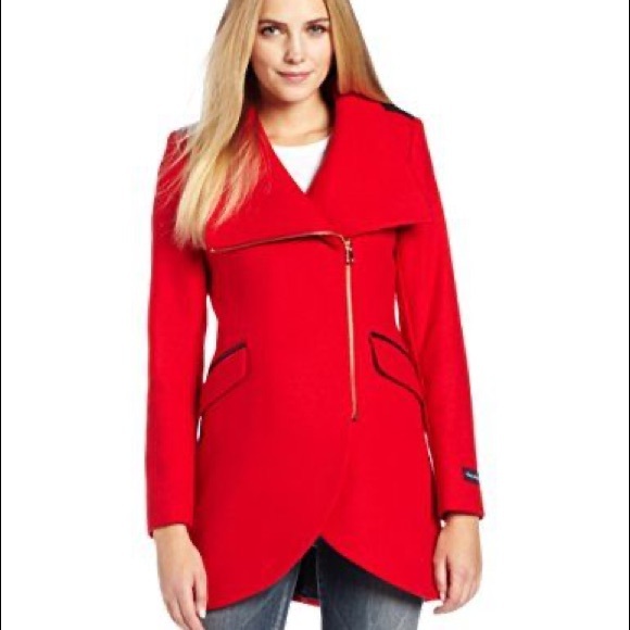 French Connection Size 14 US Wide Collar Tulip Hem Fire Engine Red Coat - Picture 17 of 17